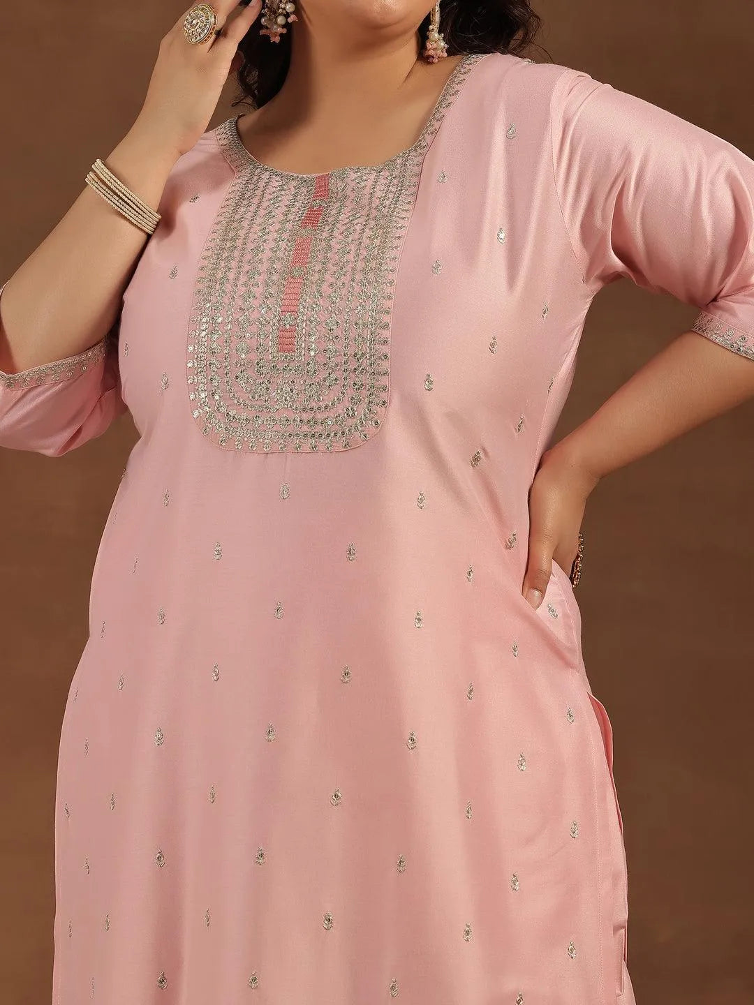Plus Size Pink Embroidered Silk Blend Straight Suit With Dupatta - Libas 