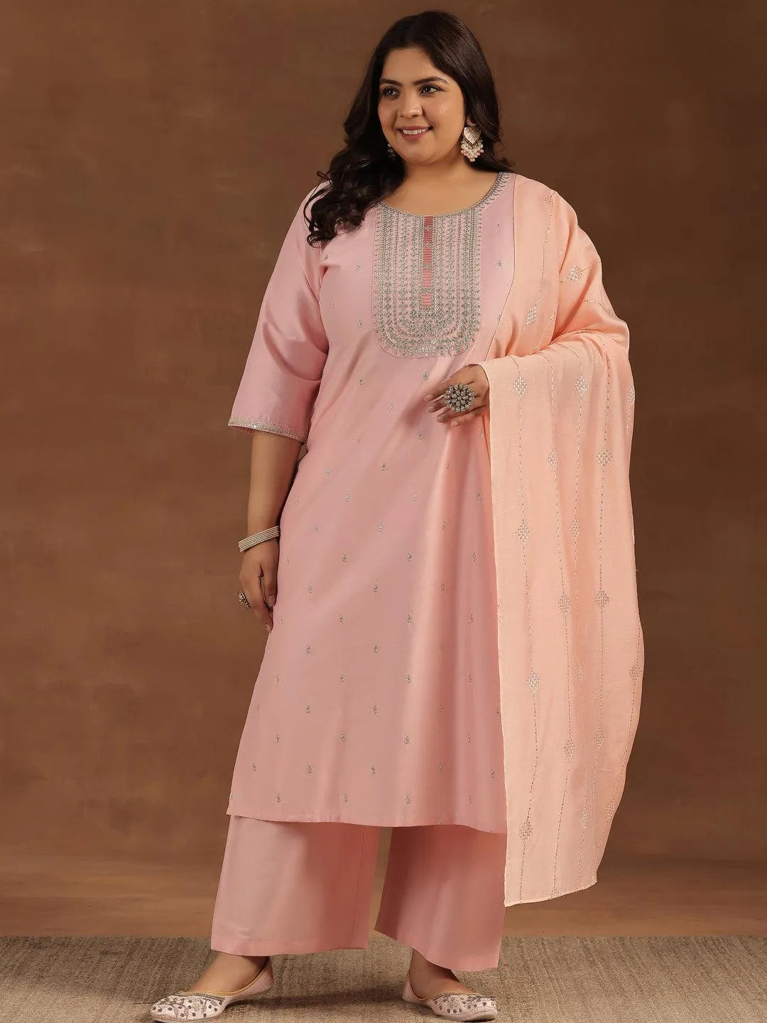 Plus Size Pink Embroidered Silk Blend Straight Suit With Dupatta - Libas 