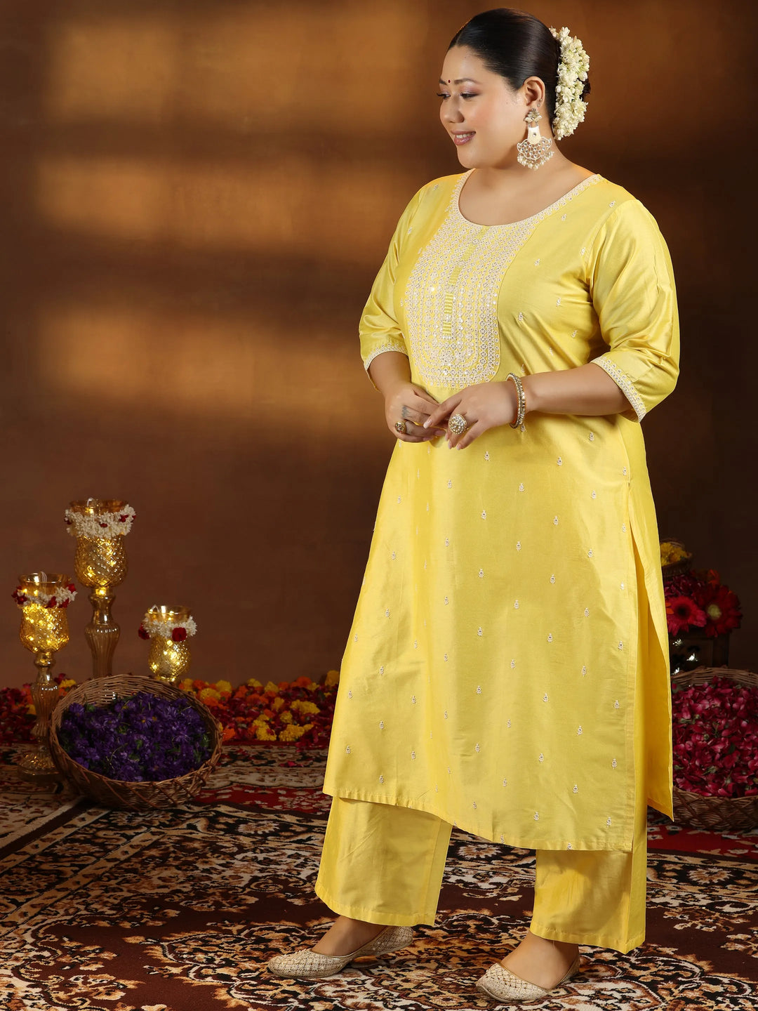  Plus Size Yellow Embroidered Silk Blend Straight Suit With Dupatta 