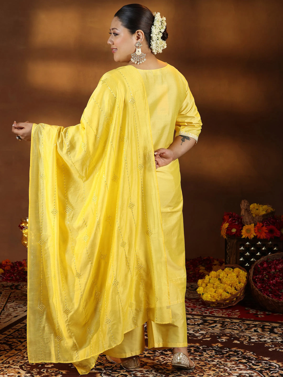  Plus Size Yellow Embroidered Silk Blend Straight Suit With Dupatta 