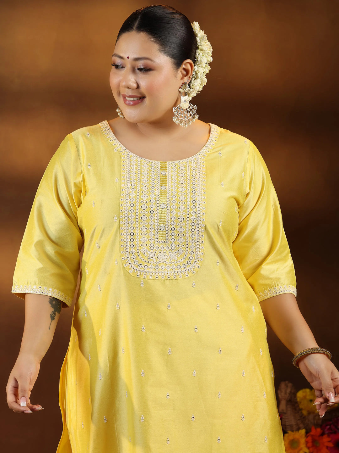  Plus Size Yellow Embroidered Silk Blend Straight Suit With Dupatta 
