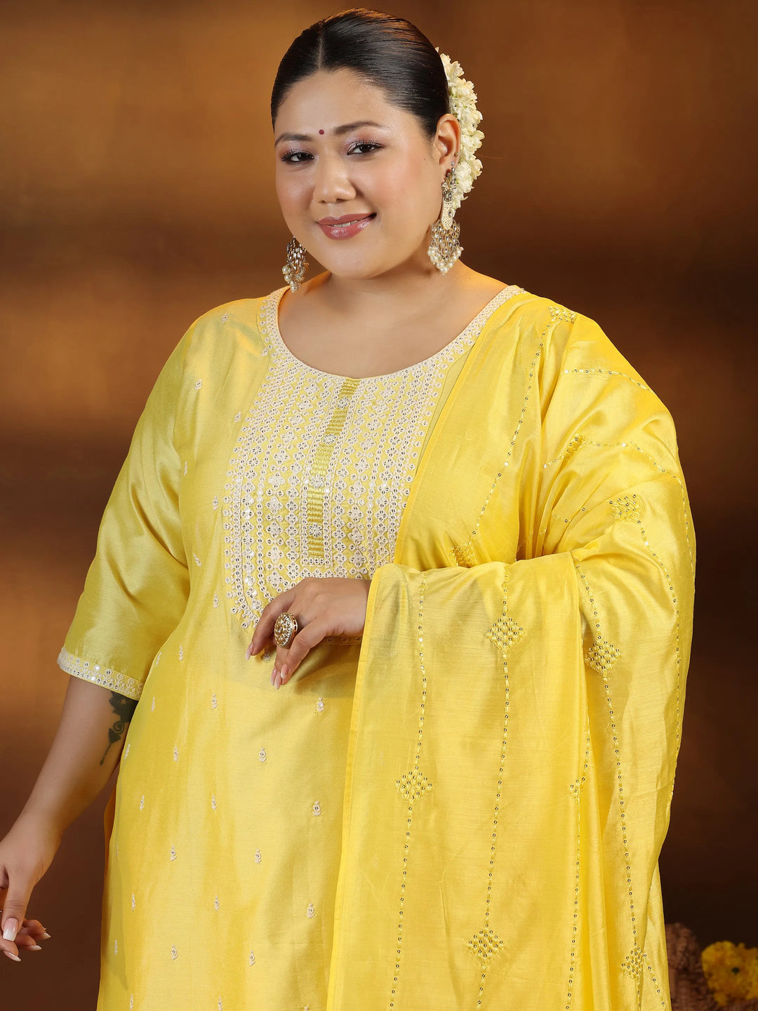  Plus Size Yellow Embroidered Silk Blend Straight Suit With Dupatta 