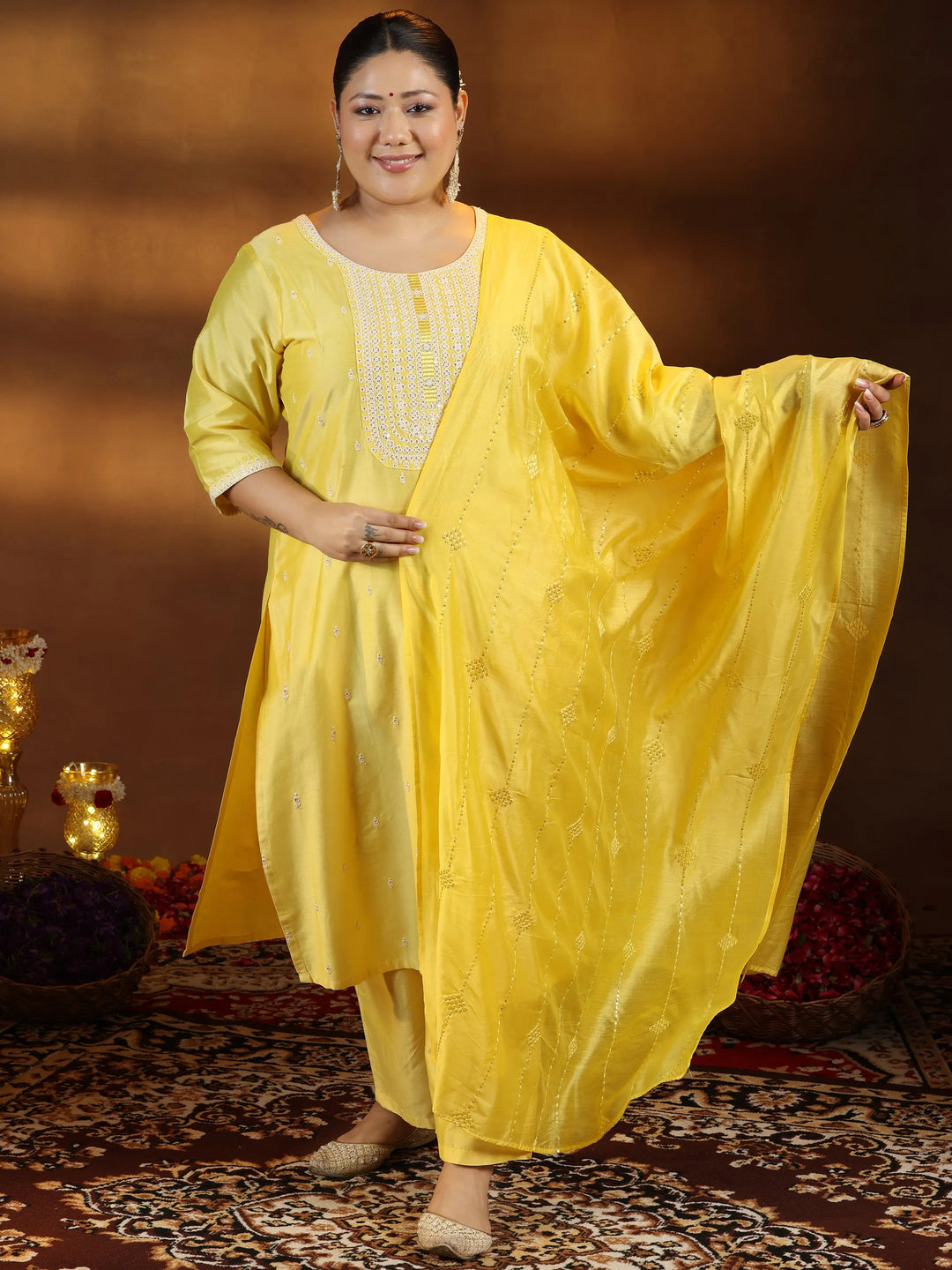  Plus Size Yellow Embroidered Silk Blend Straight Suit With Dupatta 