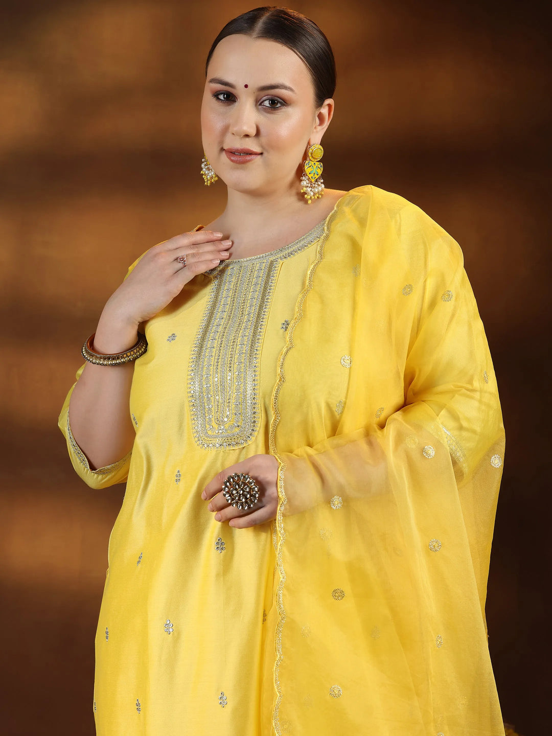  Plus Size Yellow Embroidered Silk Blend Straight Suit With Dupatta 