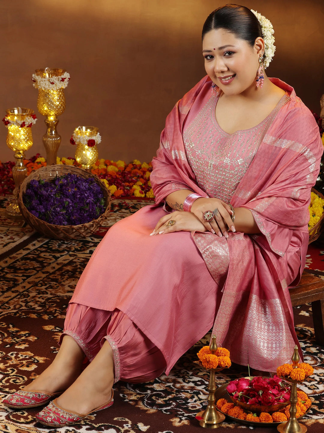  Plus Size Peach Yoke Design Silk Blend Straight Suit With Dupatta 