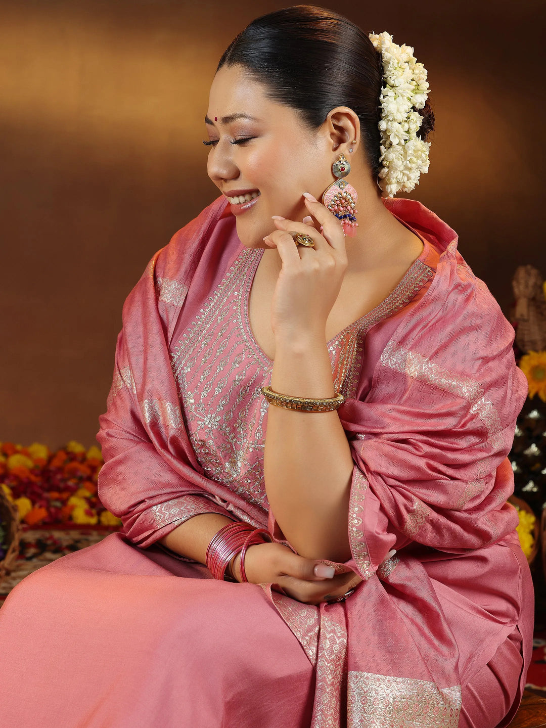  Plus Size Peach Yoke Design Silk Blend Straight Suit With Dupatta 