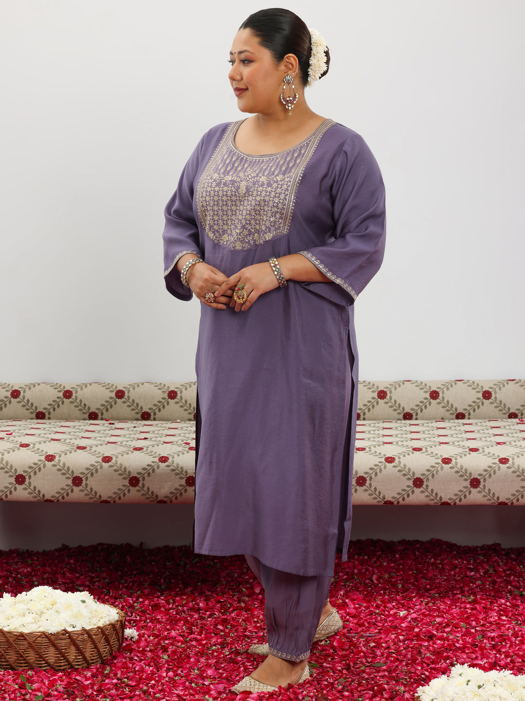  Plus Size Purple Yoke Design Silk Blend Straight Suit With Dupatta 