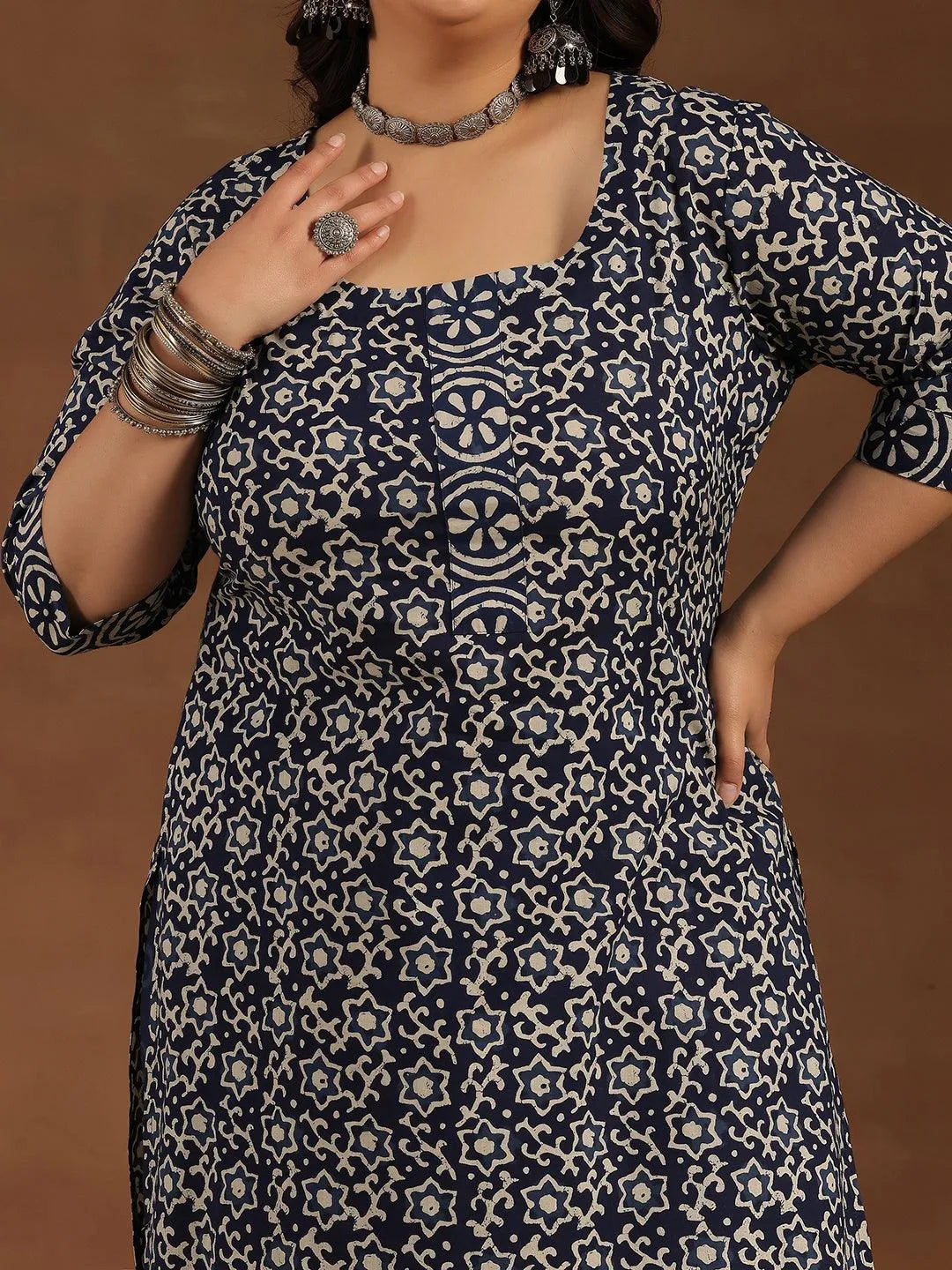 Plus Size Blue Printed Cotton Straight Suit With Dupatta - Libas 