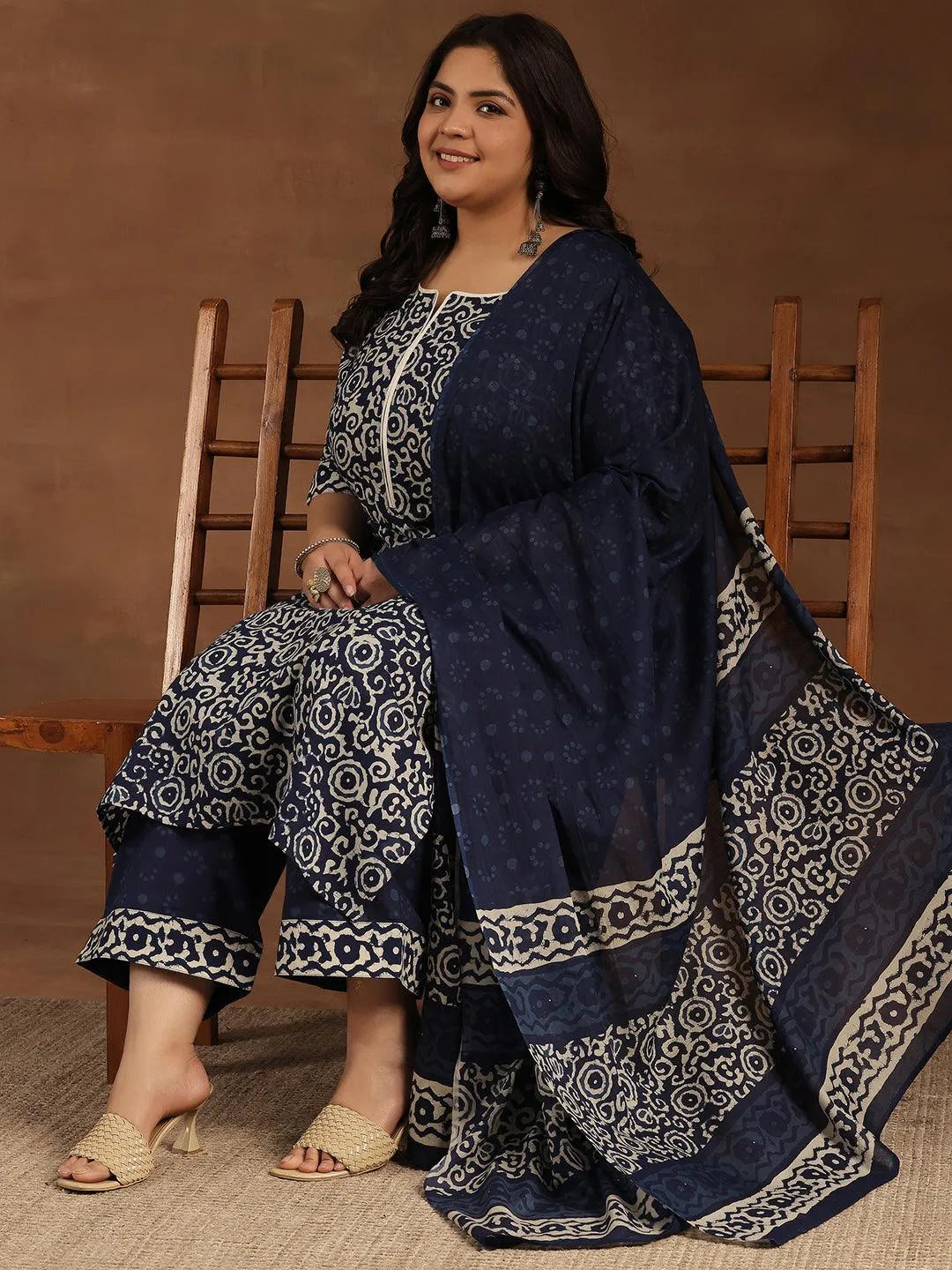 Plus Size Blue Printed Cotton Straight Suit With Dupatta - Libas 