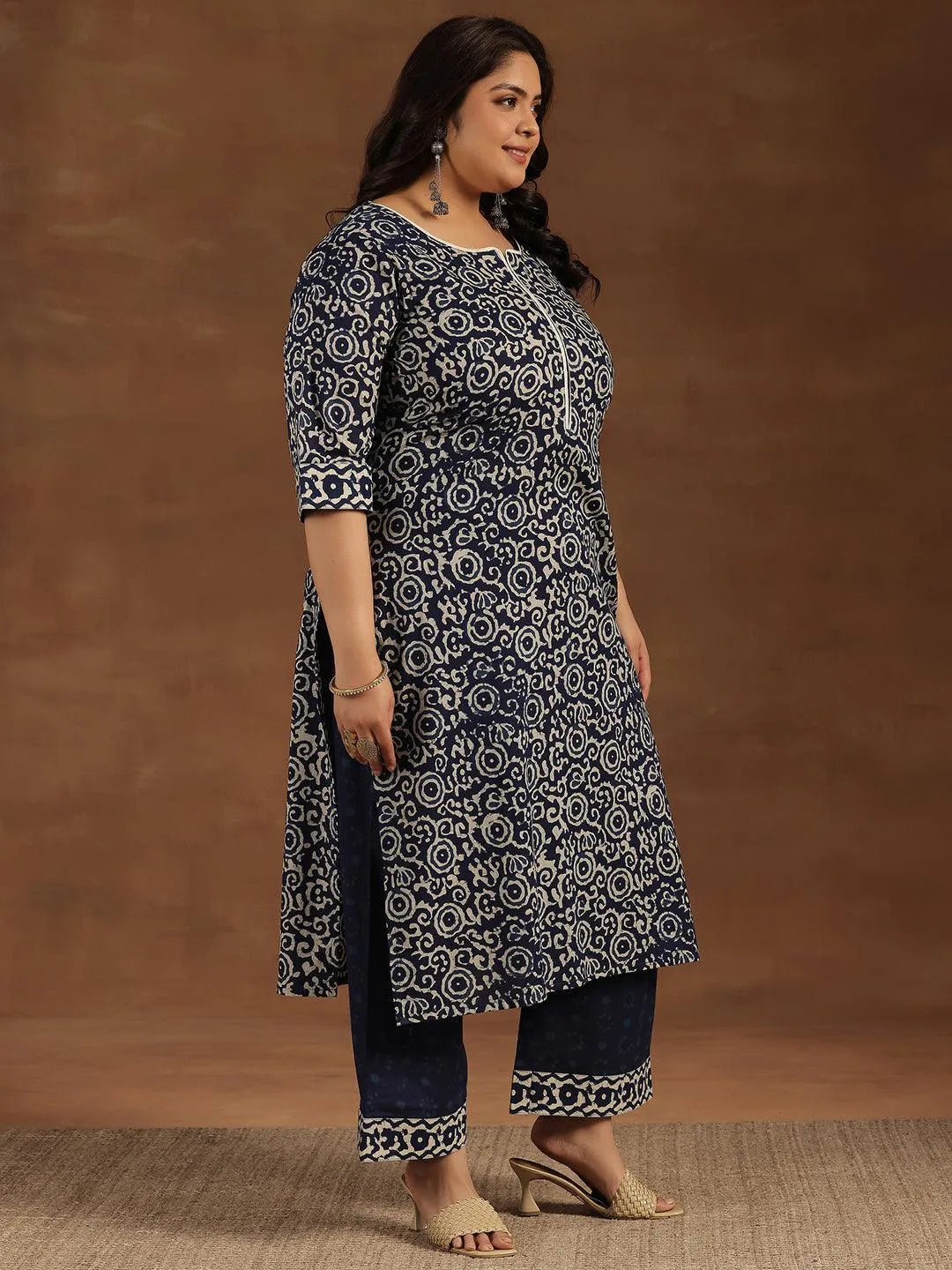 Plus Size Blue Printed Cotton Straight Suit With Dupatta - Libas 