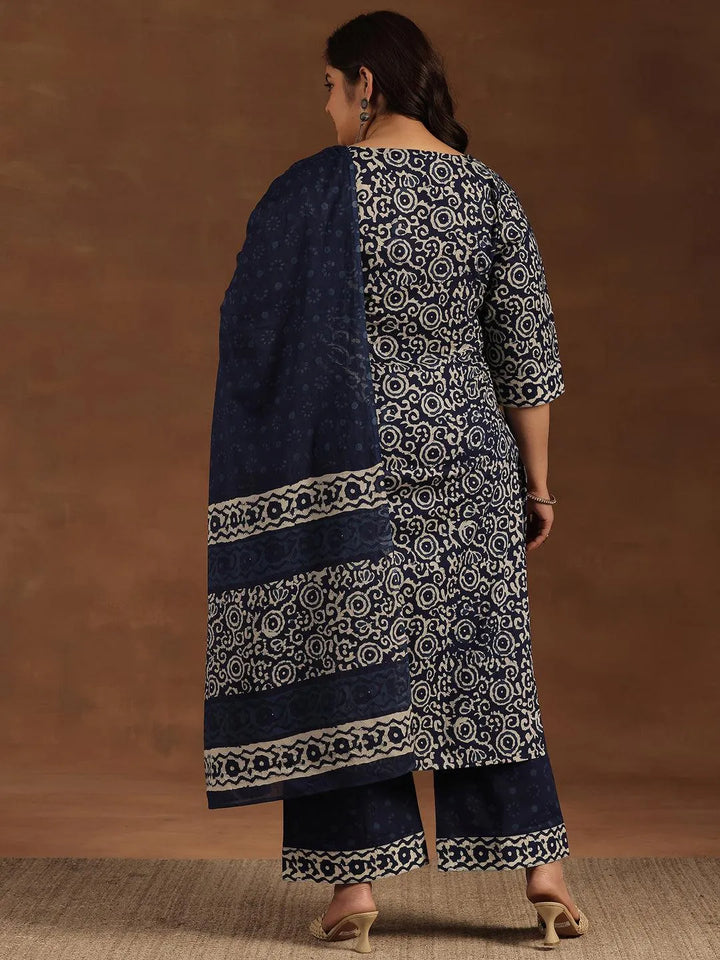 Plus Size Blue Printed Cotton Straight Suit With Dupatta - Libas