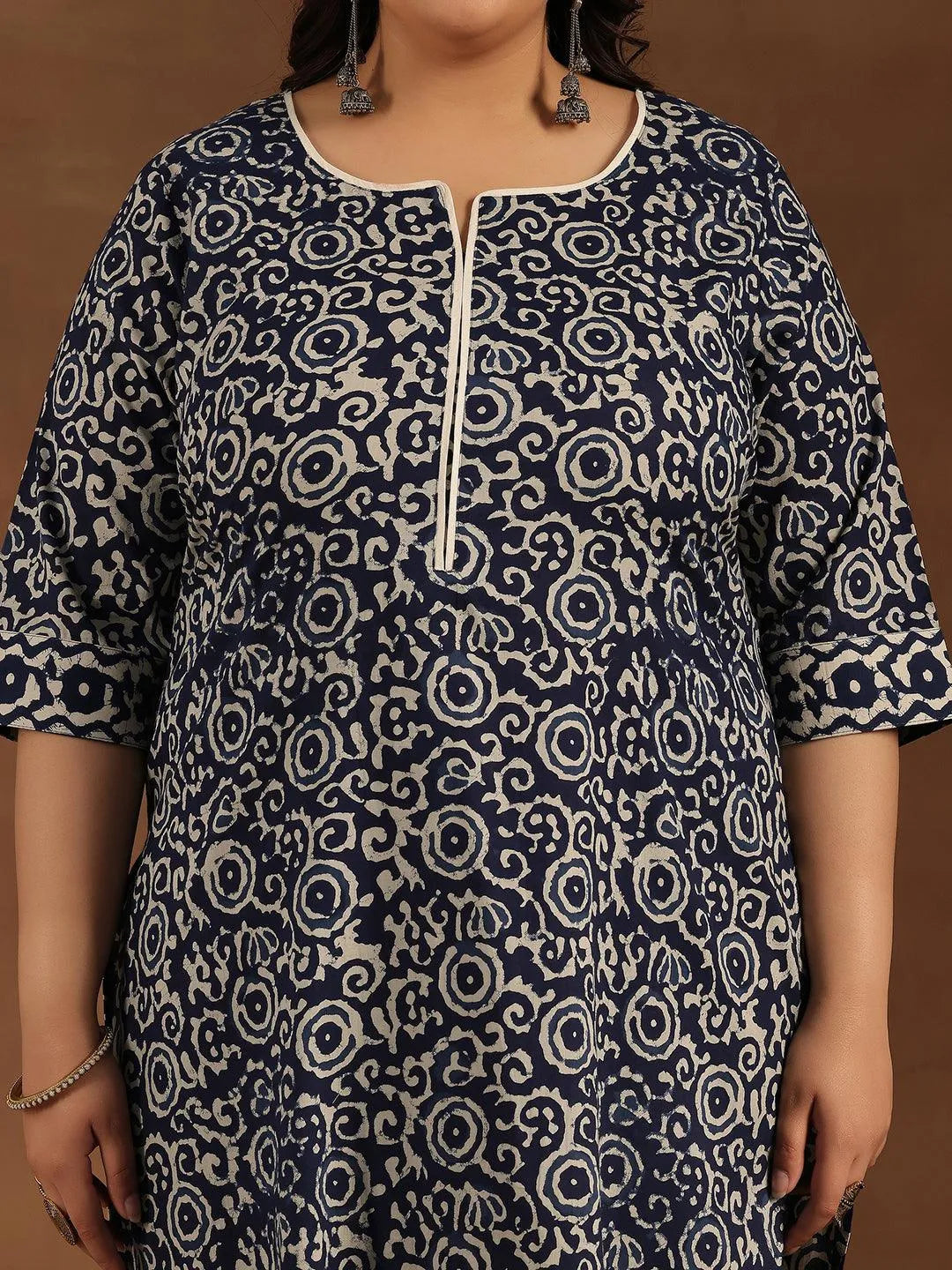 Plus Size Blue Printed Cotton Straight Suit With Dupatta - Libas 