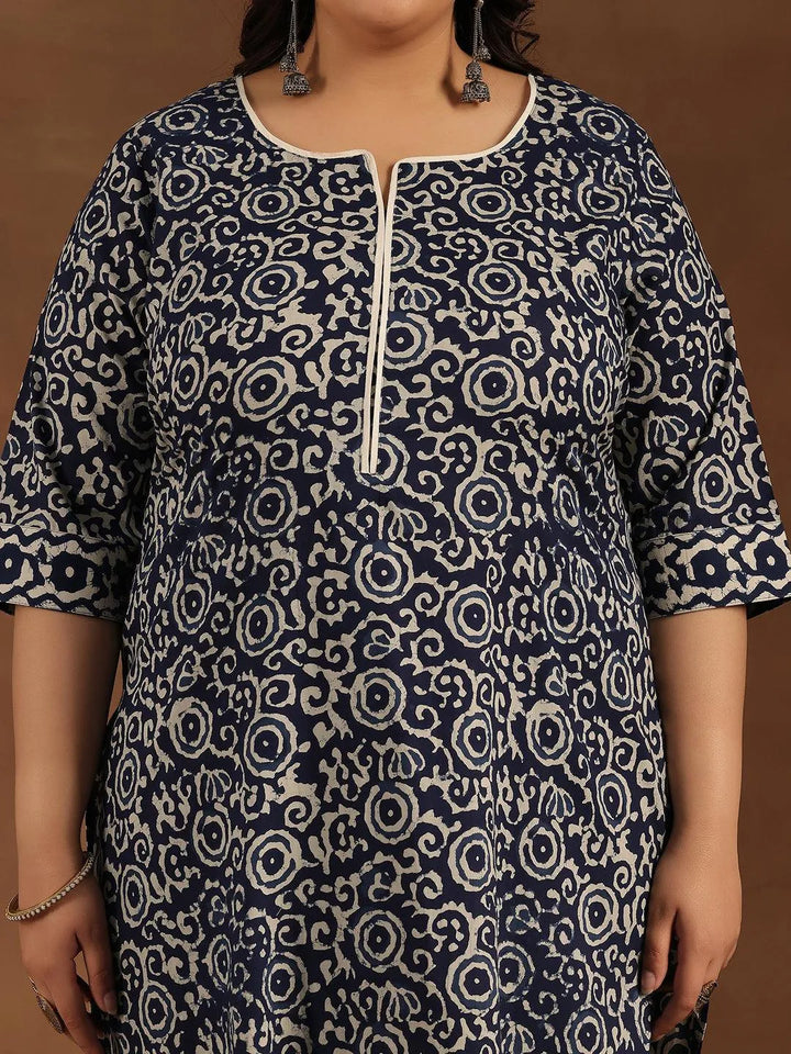 Plus Size Blue Printed Cotton Straight Suit With Dupatta - Libas