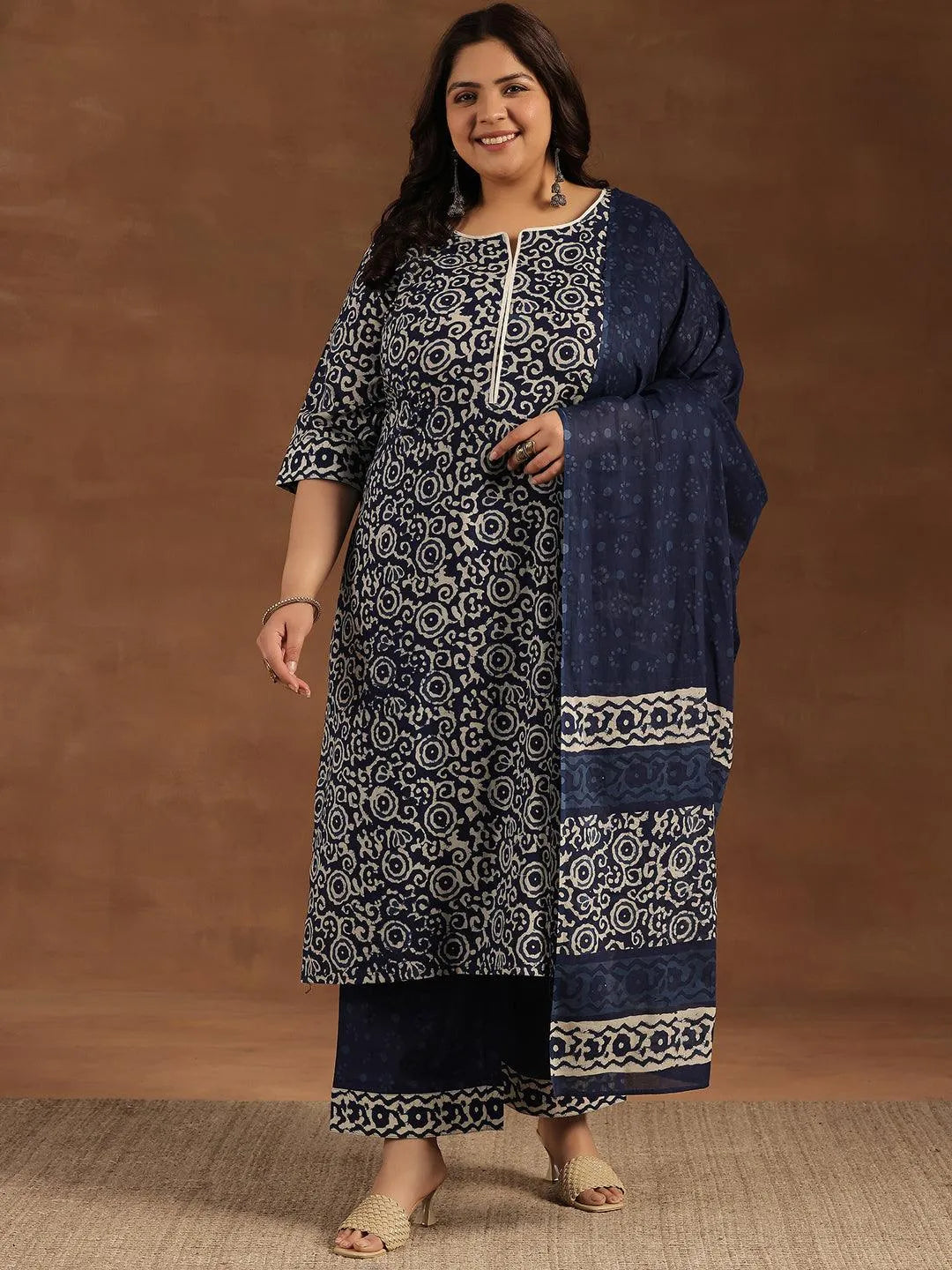 Plus Size Blue Printed Cotton Straight Suit With Dupatta - Libas 