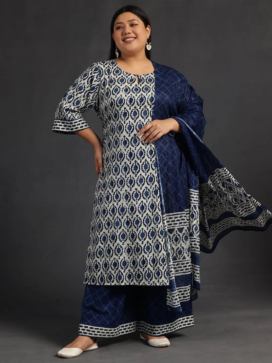 Plus Size Blue Printed Cotton Straight Suit With Dupatta - Libas 