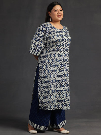 Plus Size Blue Printed Cotton Straight Suit With Dupatta - Libas