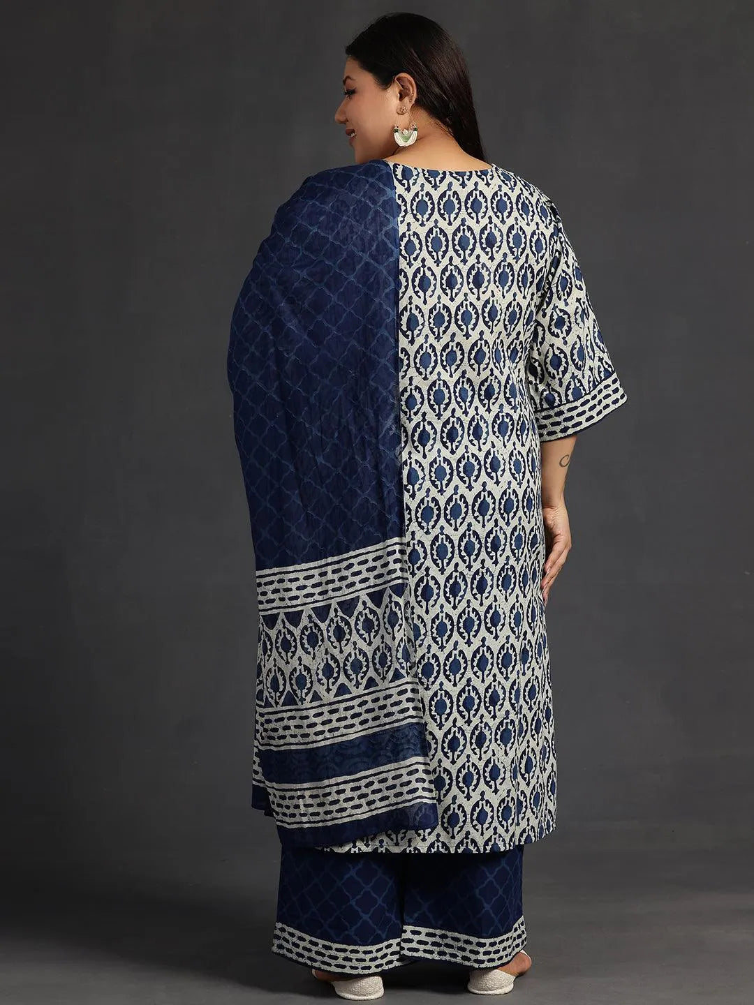 Plus Size Blue Printed Cotton Straight Suit With Dupatta - Libas 