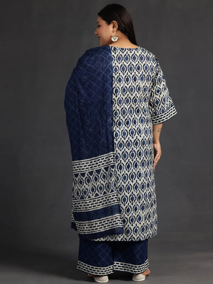 Plus Size Blue Printed Cotton Straight Suit With Dupatta - Libas