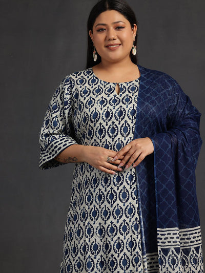 Plus Size Blue Printed Cotton Straight Suit With Dupatta - Libas
