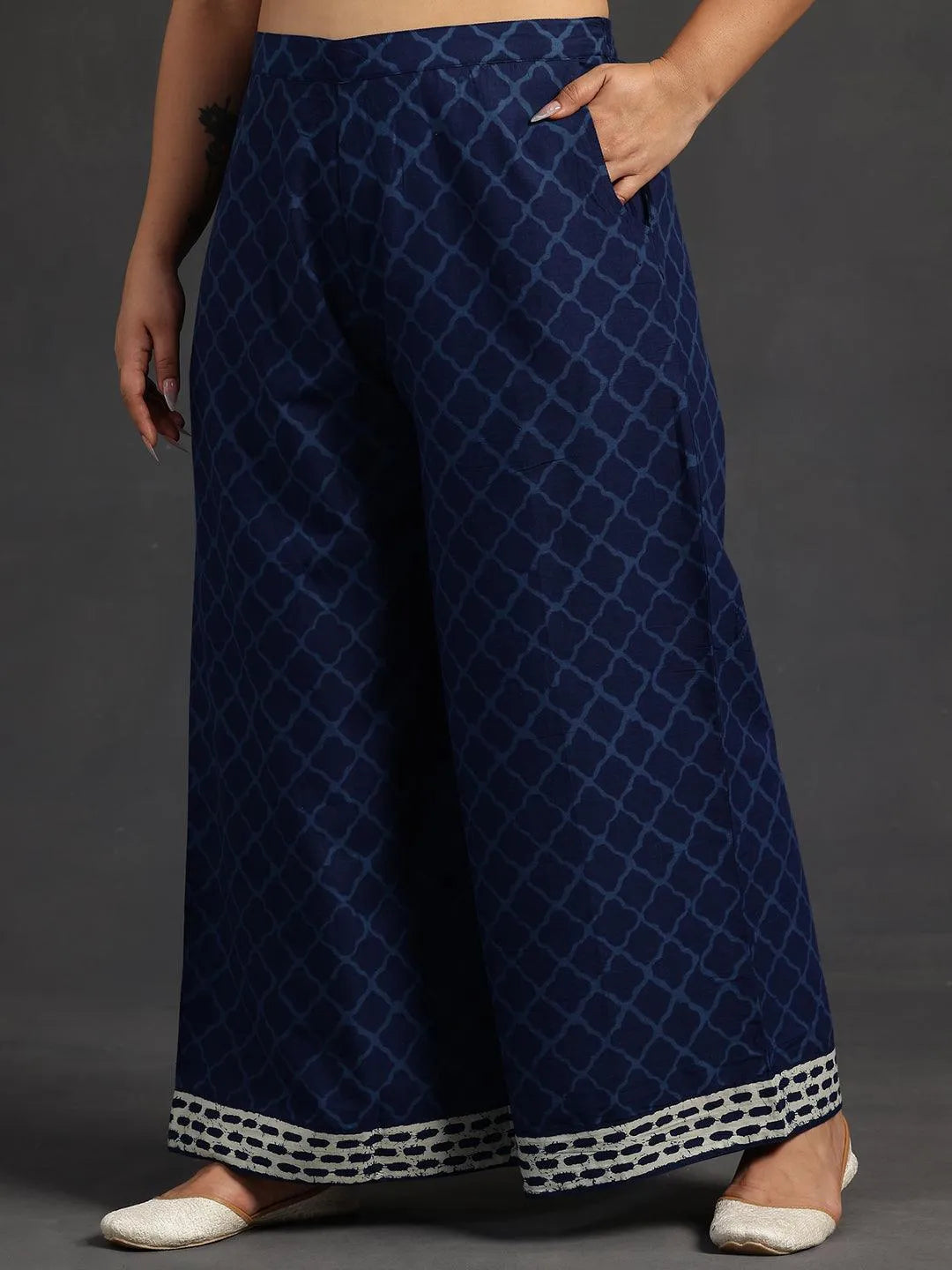 Plus Size Blue Printed Cotton Straight Suit With Dupatta - Libas