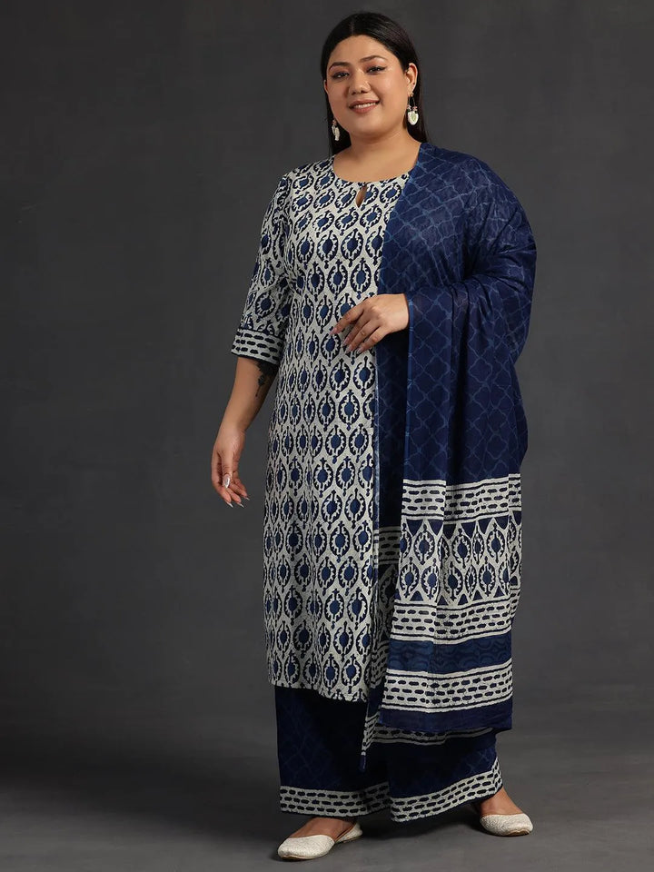 Plus Size Blue Printed Cotton Straight Suit With Dupatta - Libas