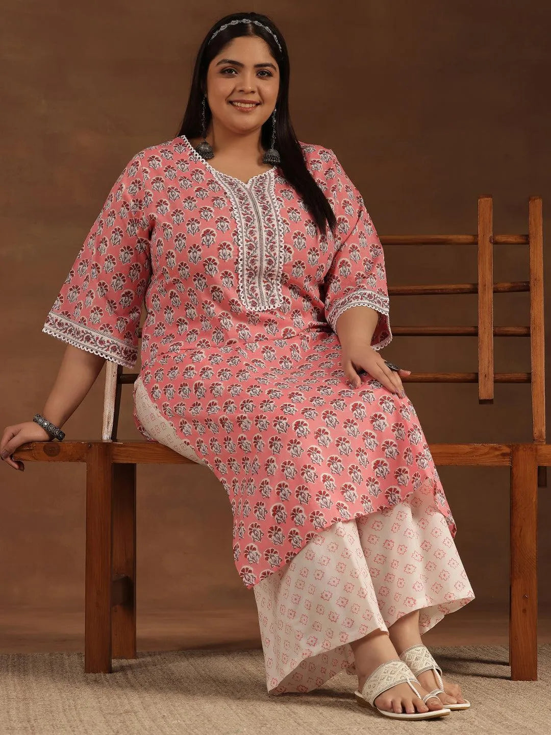 Plus Size Peach Printed Cotton Straight Kurta Set - Libas 