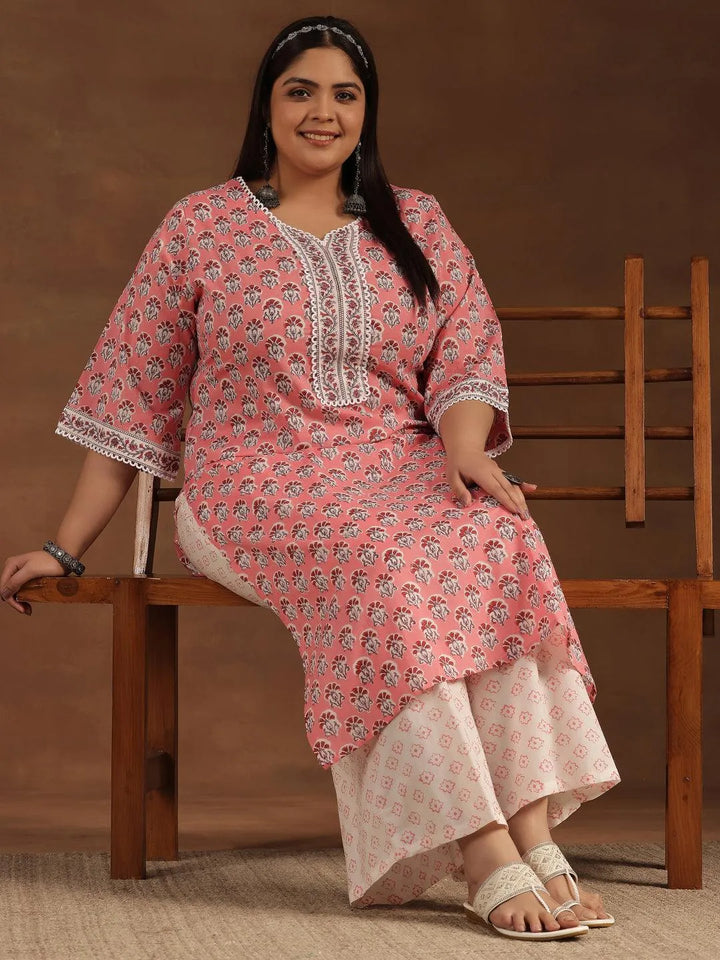 Plus Size Peach Printed Cotton Straight Kurta Set - Libas