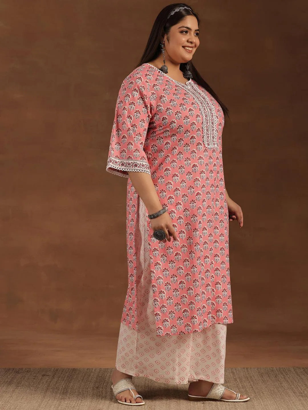 Plus Size Peach Printed Cotton Straight Kurta Set - Libas