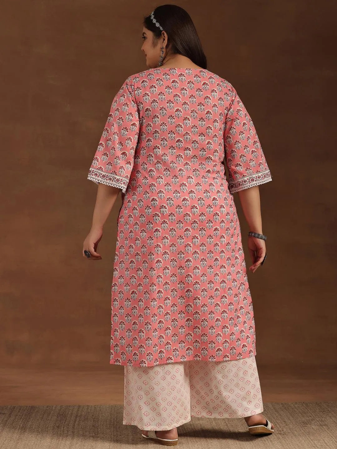 Plus Size Peach Printed Cotton Straight Kurta Set - Libas 