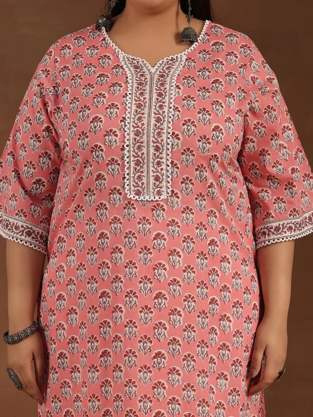 Plus Size Peach Printed Cotton Straight Kurta Set - Libas 