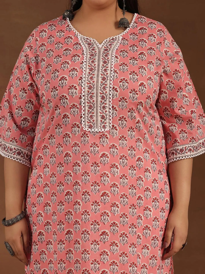 Plus Size Peach Printed Cotton Straight Kurta Set - Libas