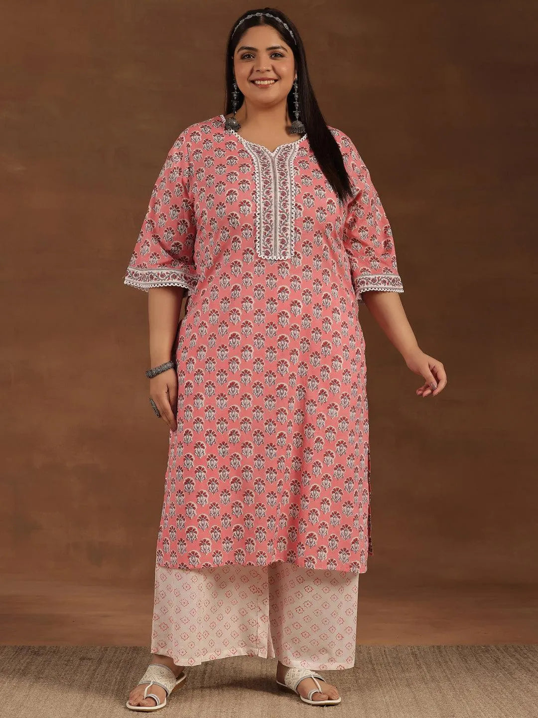 Plus Size Peach Printed Cotton Straight Kurta Set - Libas