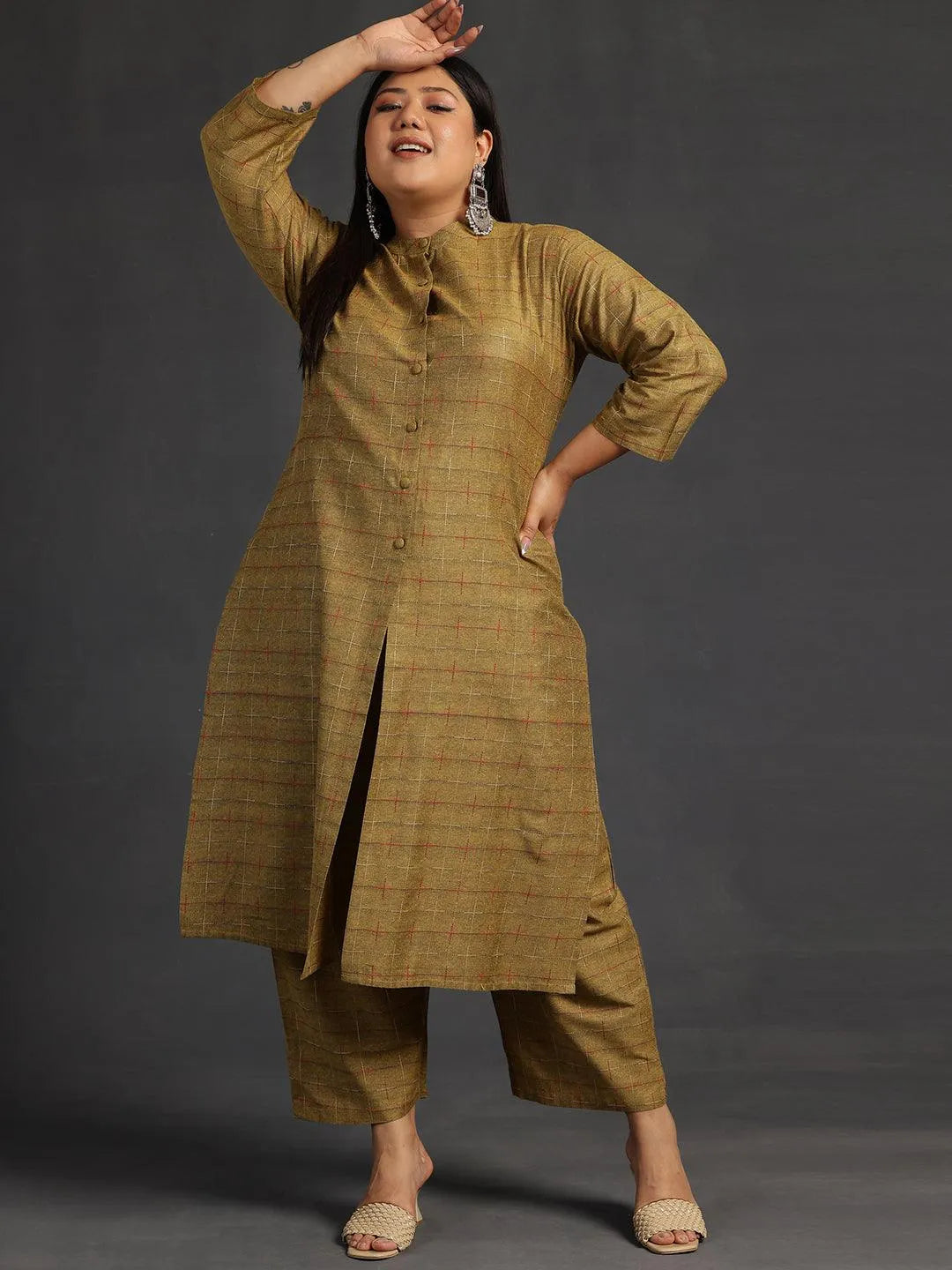 Plus Size Mustard Self Design Cotton Straight Kurta Set - Libas 
