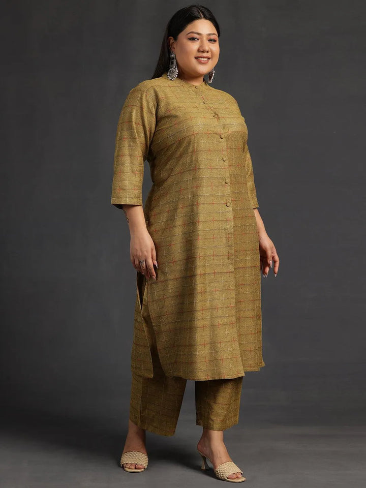 Plus Size Mustard Self Design Cotton Straight Kurta Set - Libas