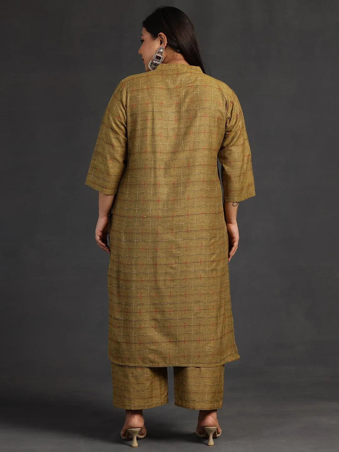 Plus Size Mustard Self Design Cotton Straight Kurta Set - Libas 
