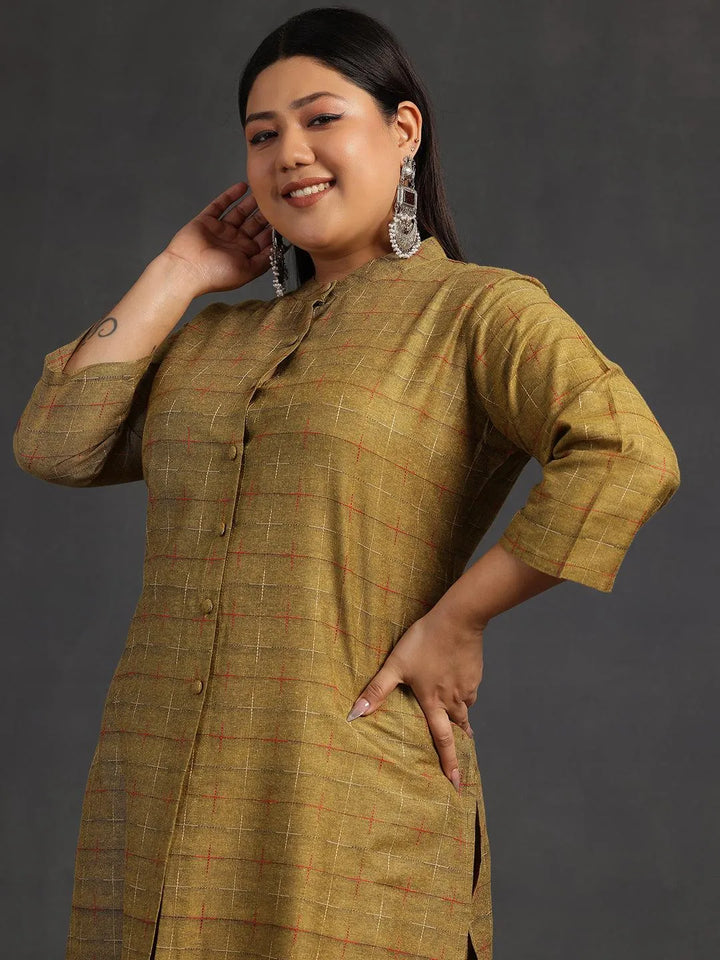 Plus Size Mustard Self Design Cotton Straight Kurta Set - Libas