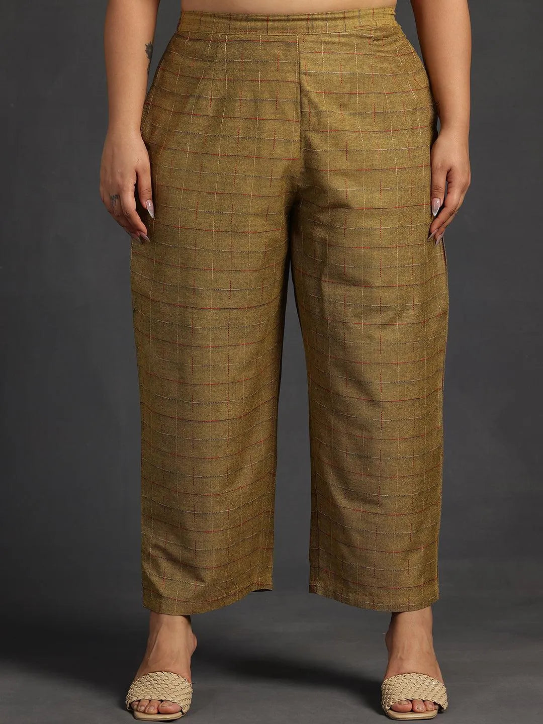 Plus Size Mustard Self Design Cotton Straight Kurta Set - Libas 
