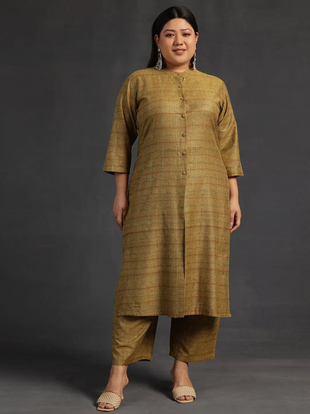 Plus Size Mustard Self Design Cotton Straight Kurta Set - Libas 