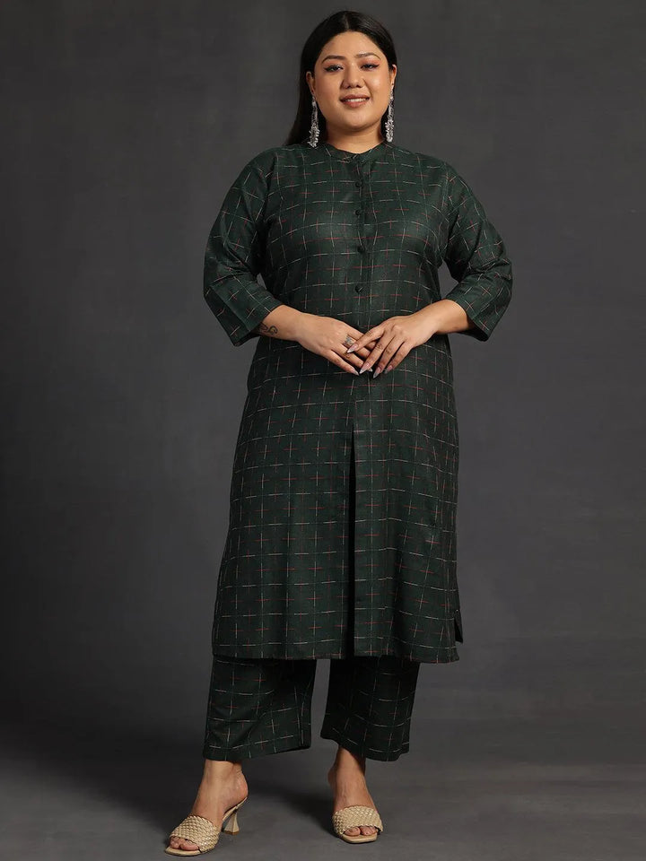 Plus Size Green Self Design Cotton Straight Kurta Set - Libas
