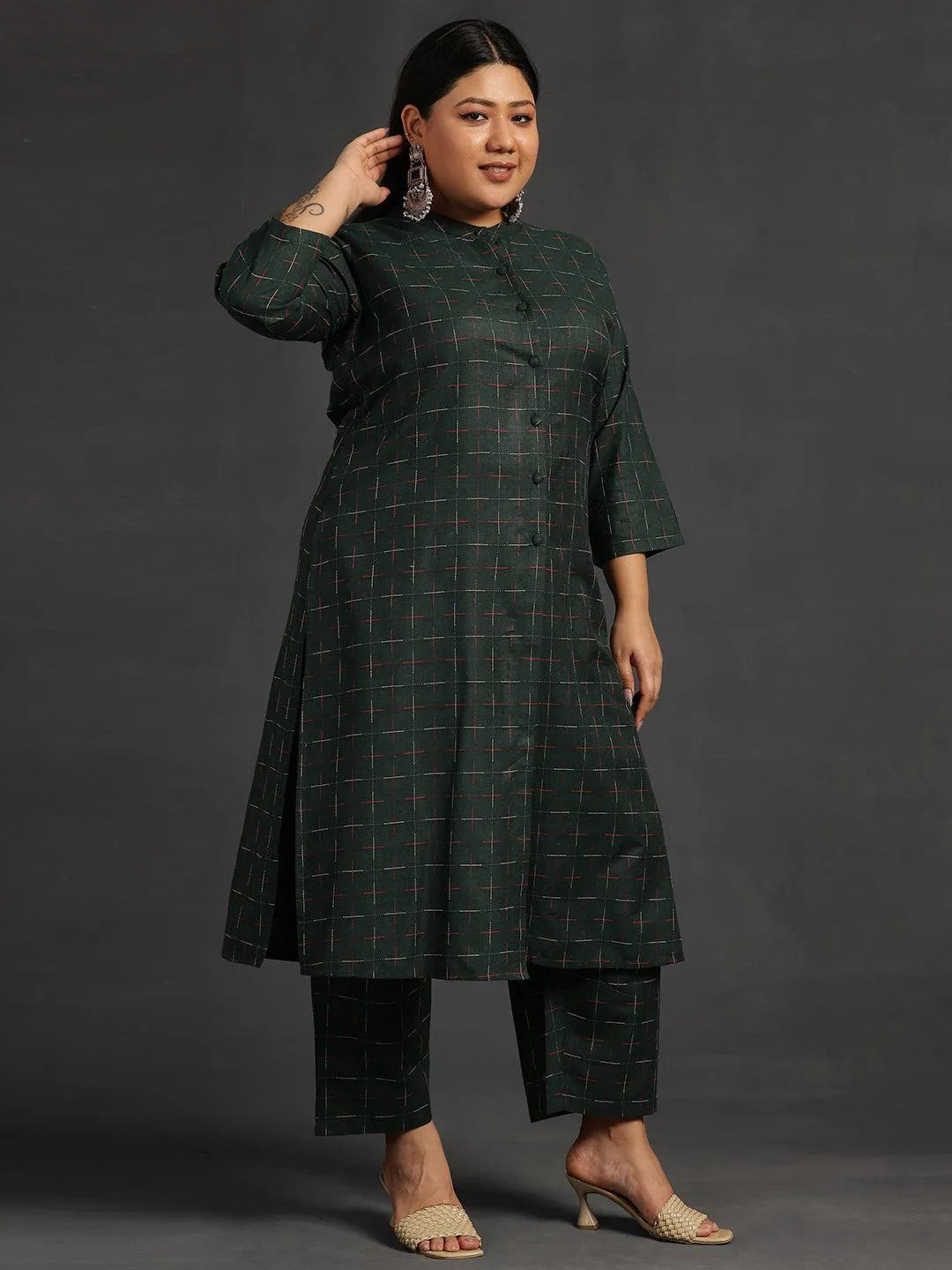 Plus Size Green Self Design Cotton Straight Kurta Set - Libas 