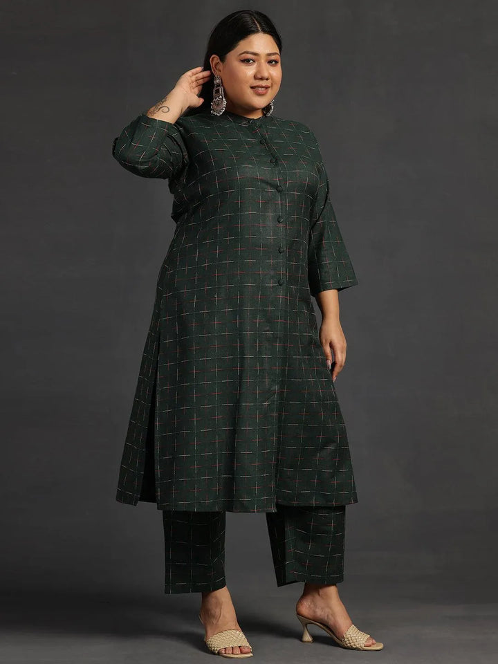 Plus Size Green Self Design Cotton Straight Kurta Set - Libas
