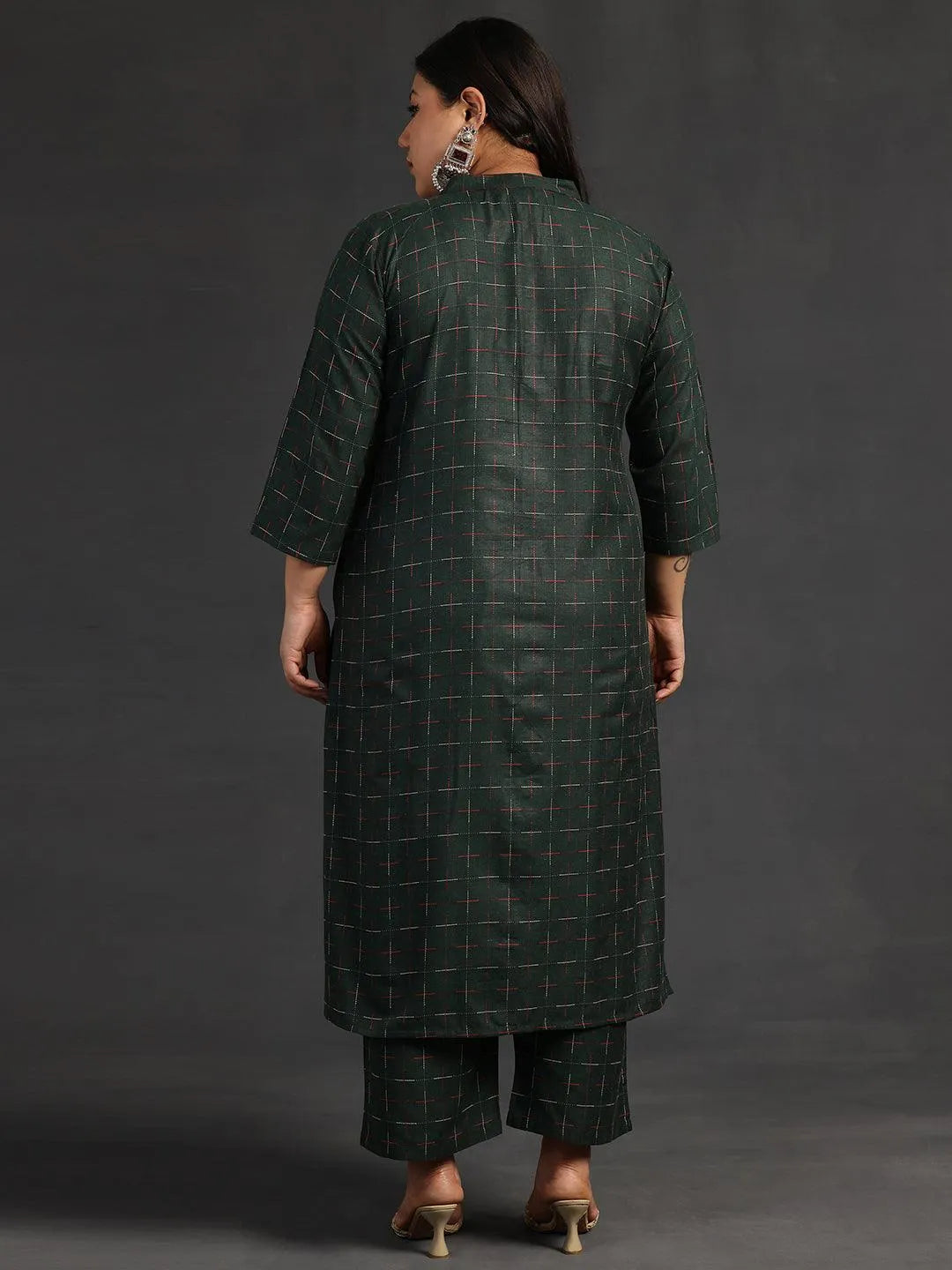 Plus Size Green Self Design Cotton Straight Kurta Set - Libas 