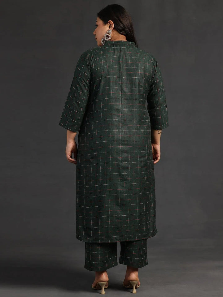 Plus Size Green Self Design Cotton Straight Kurta Set - Libas