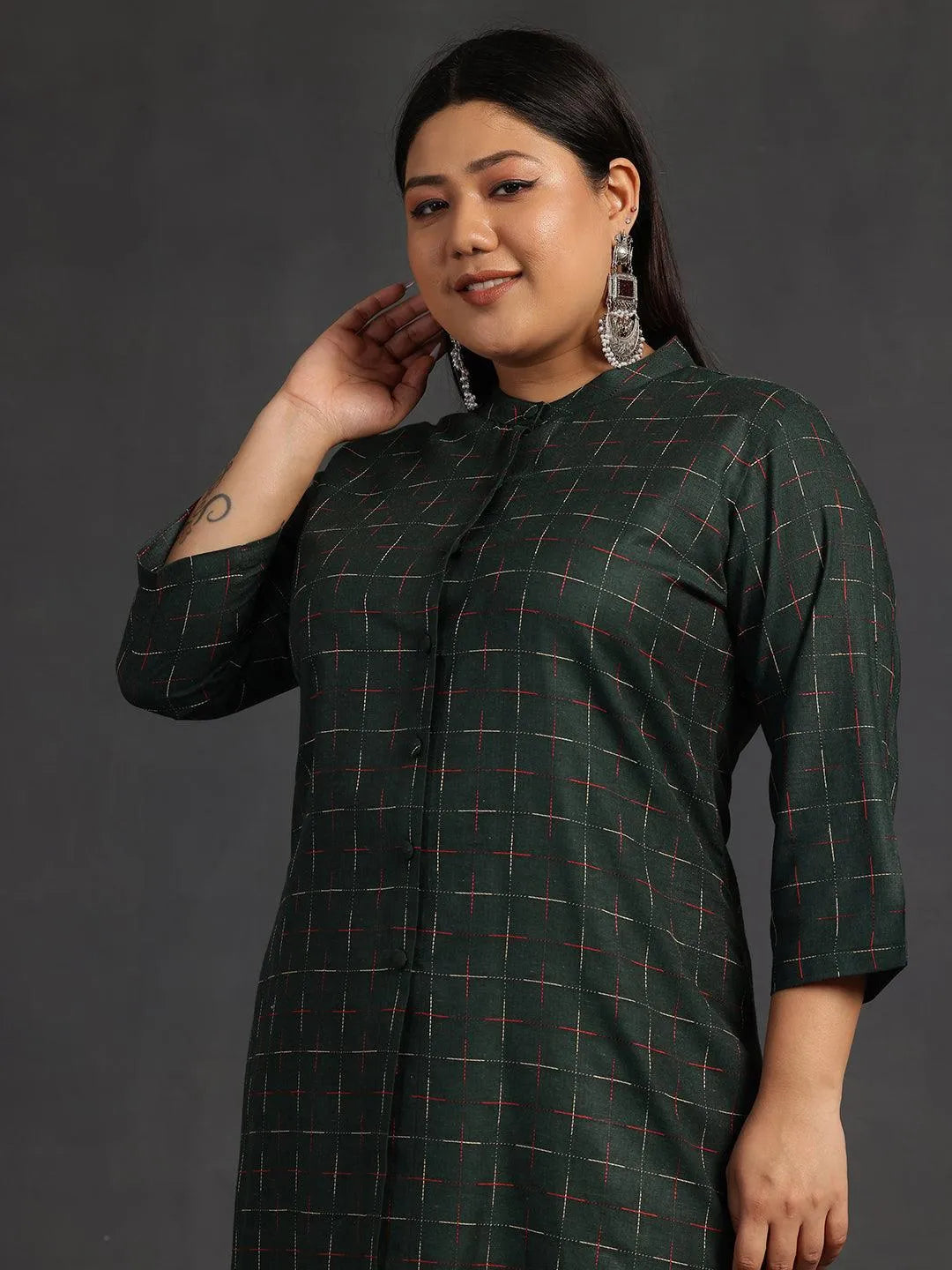 Plus Size Green Self Design Cotton Straight Kurta Set - Libas 