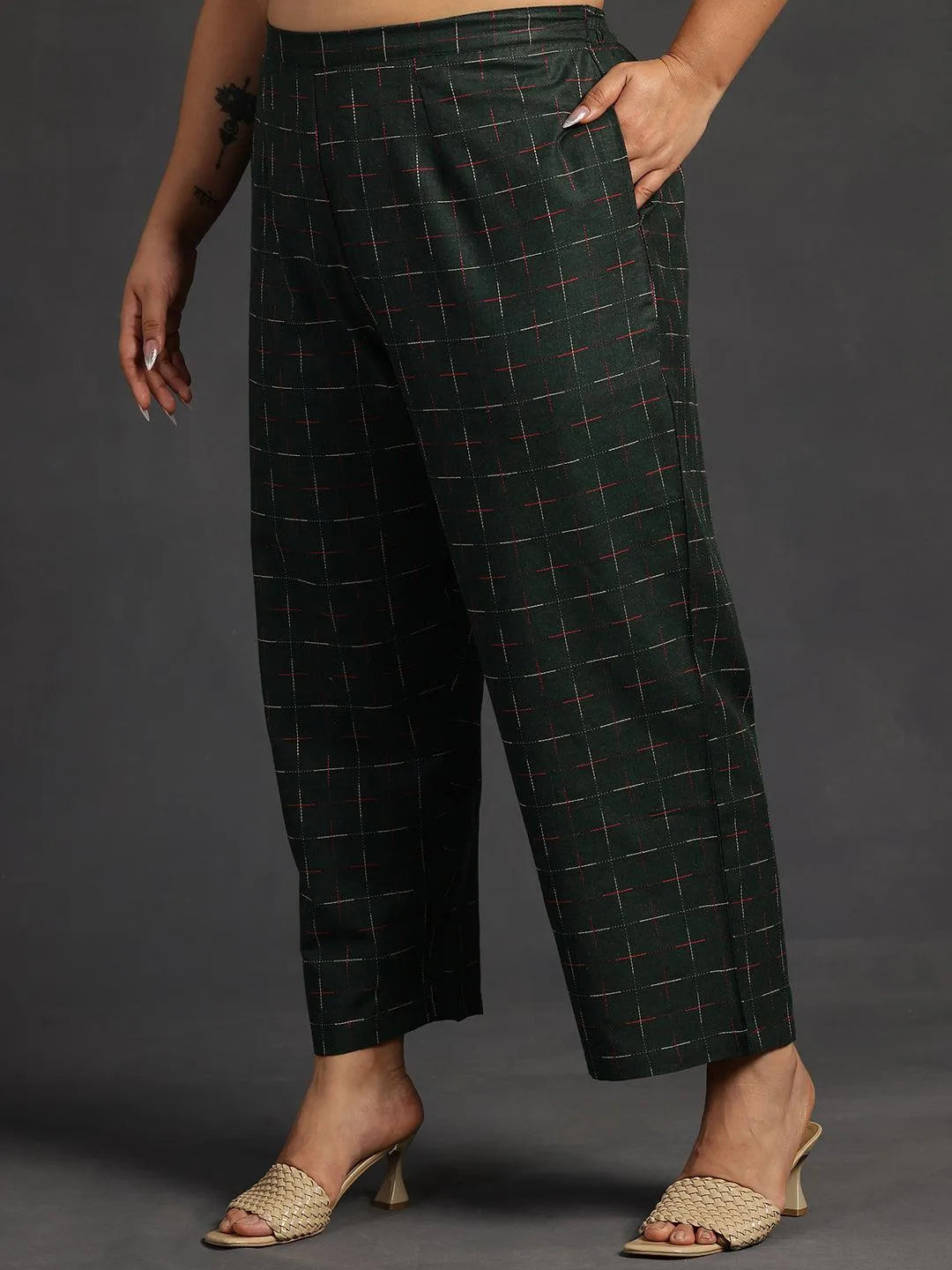 Plus Size Green Self Design Cotton Straight Kurta Set - Libas 
