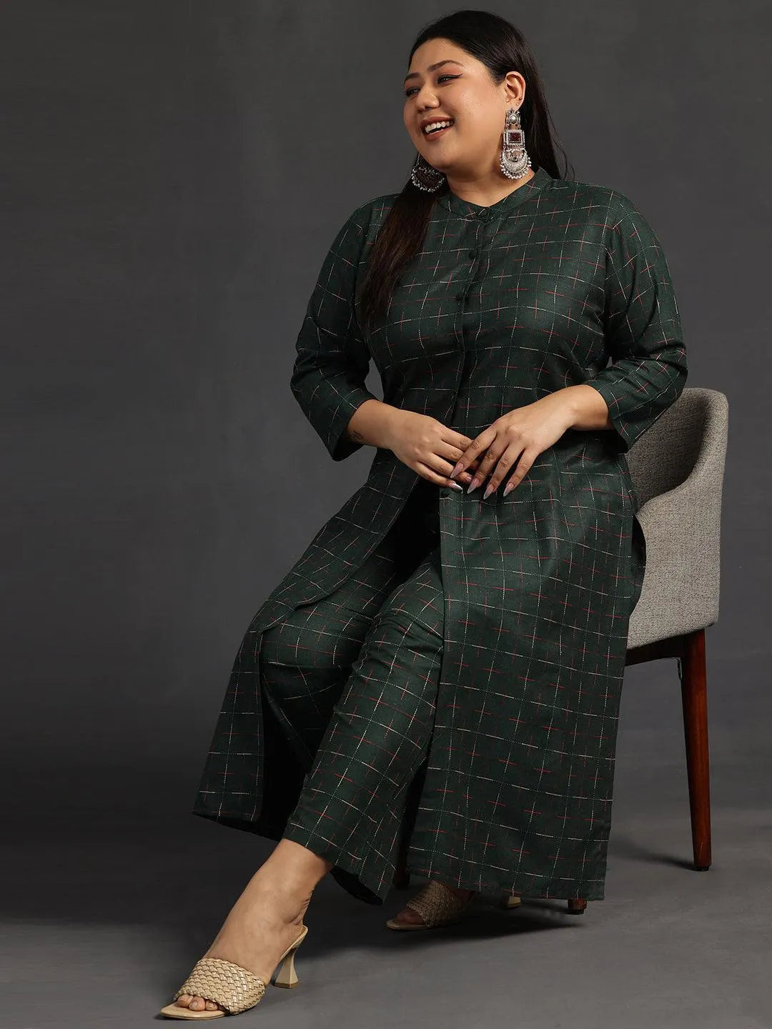 Plus Size Green Self Design Cotton Straight Kurta Set - Libas
