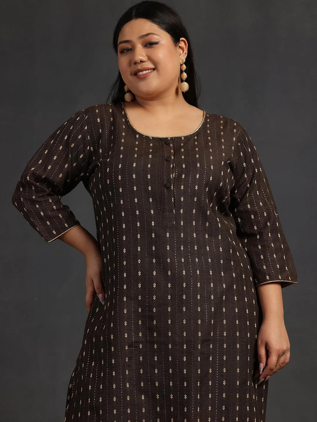 Plus Size Brown Self Design Cotton Straight Kurta Set - Libas 