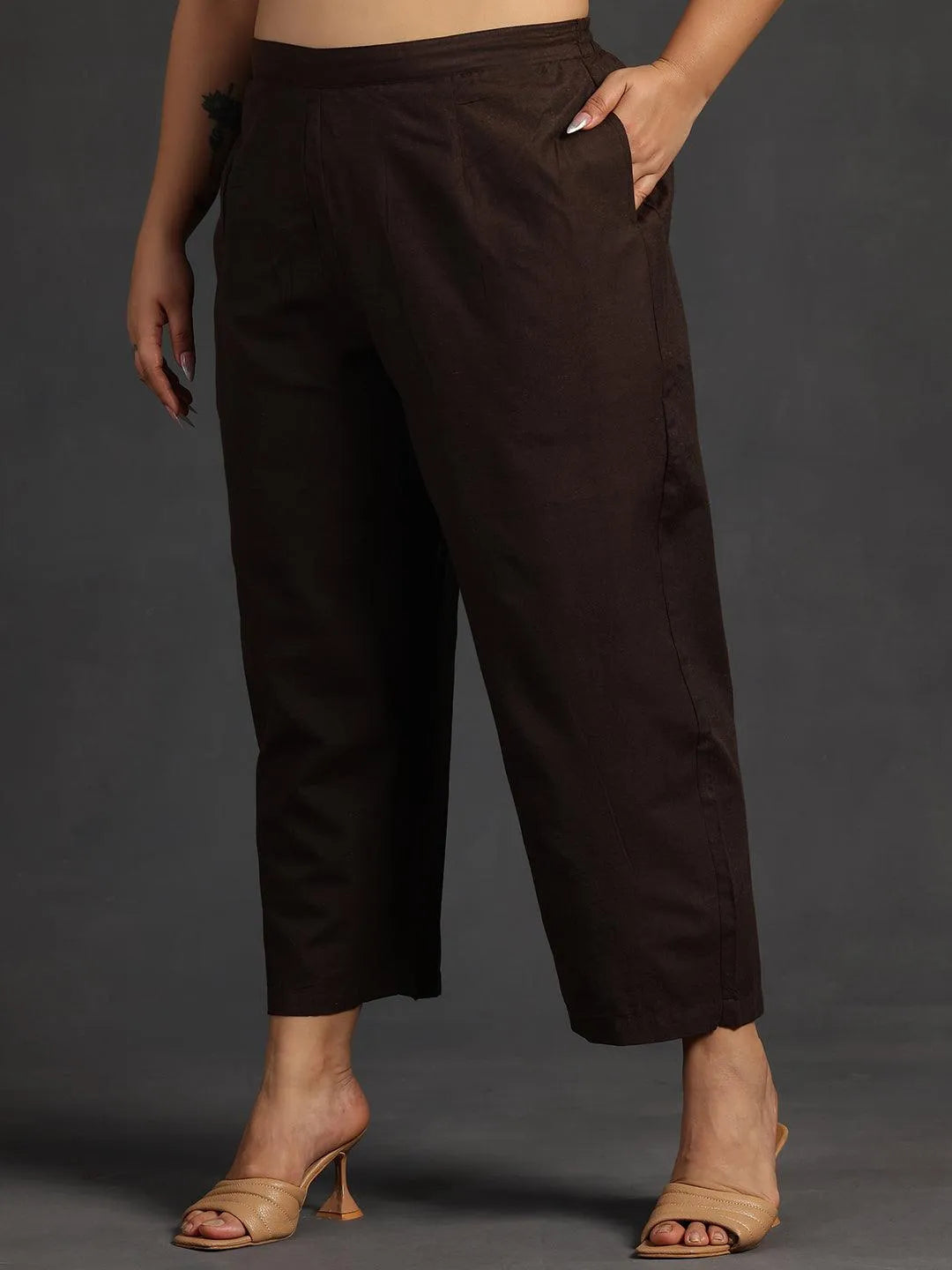 Plus Size Brown Self Design Cotton Straight Kurta Set - Libas 