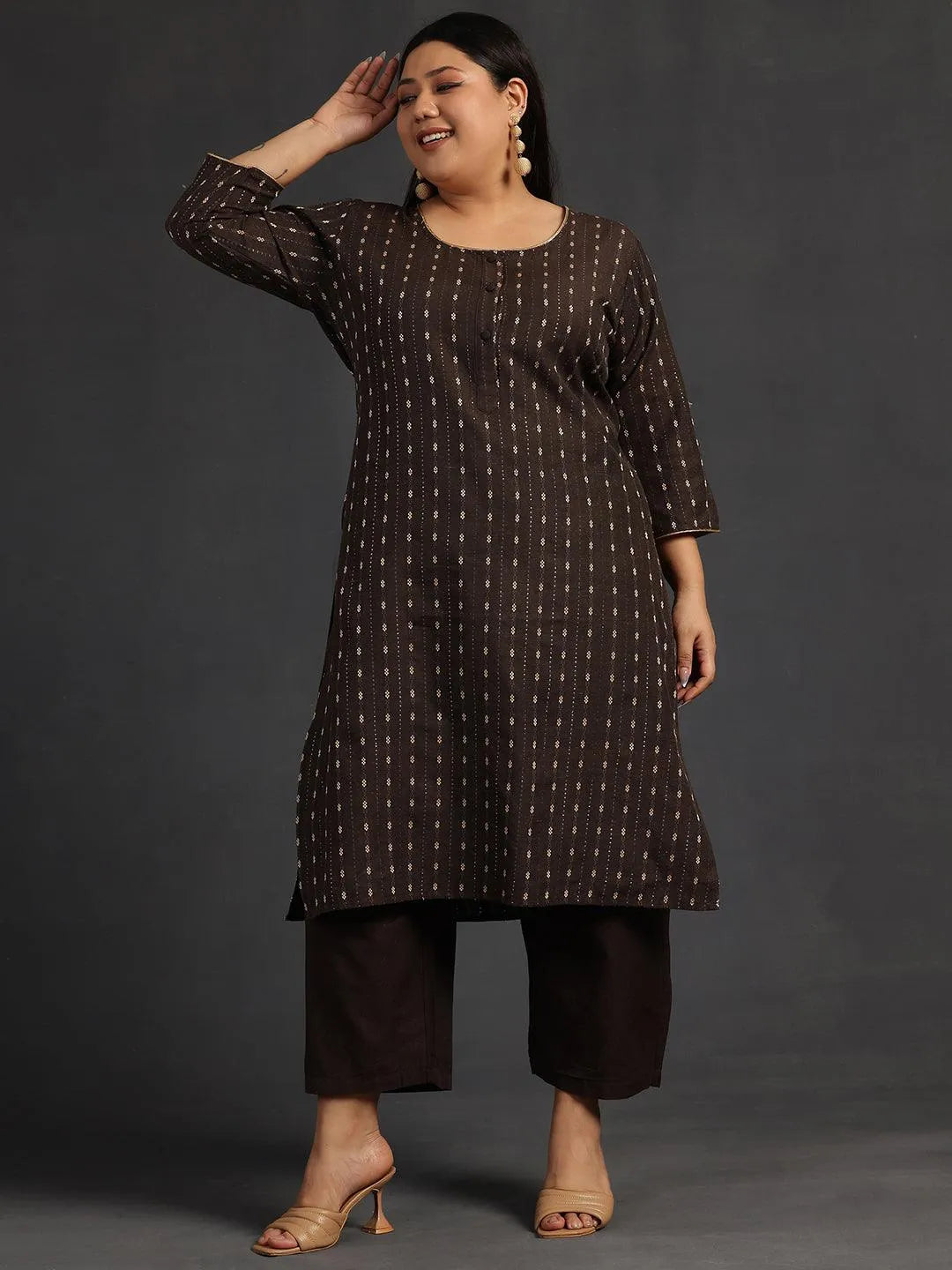 Plus Size Brown Self Design Cotton Straight Kurta Set - Libas 