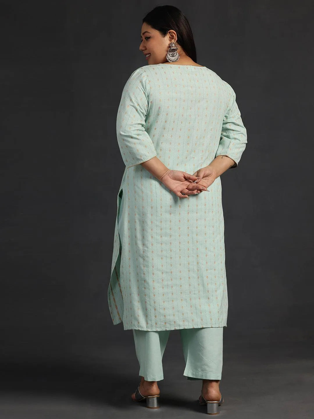 Plus Size Green Self Design Cotton Straight Kurta Set - Libas 